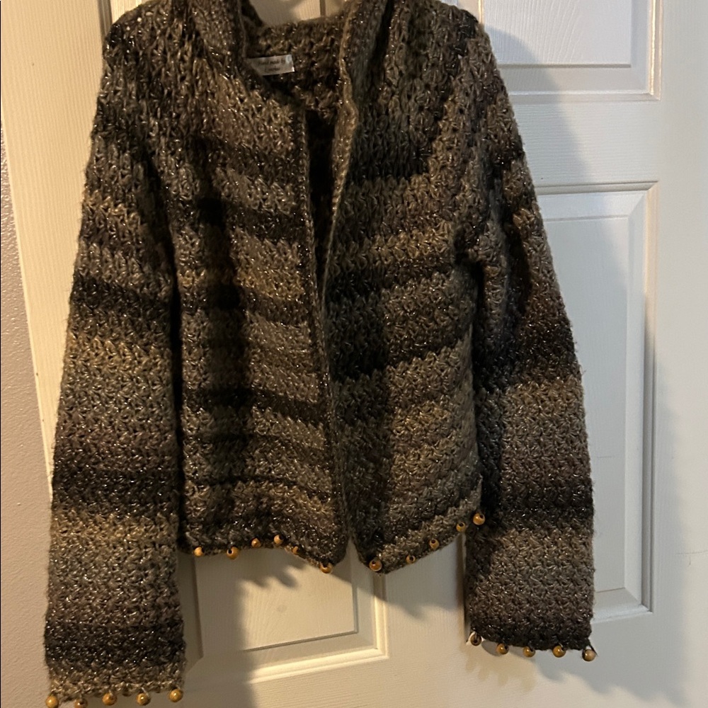 Striped Knit Cardigan with Beaded Trim
